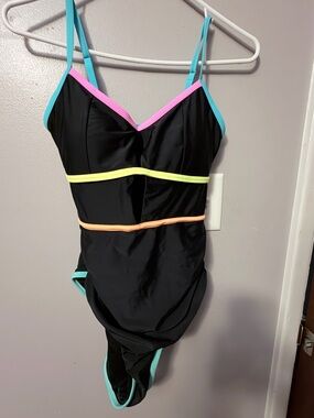 Black One-Piece Swimsuit with Neon Trim